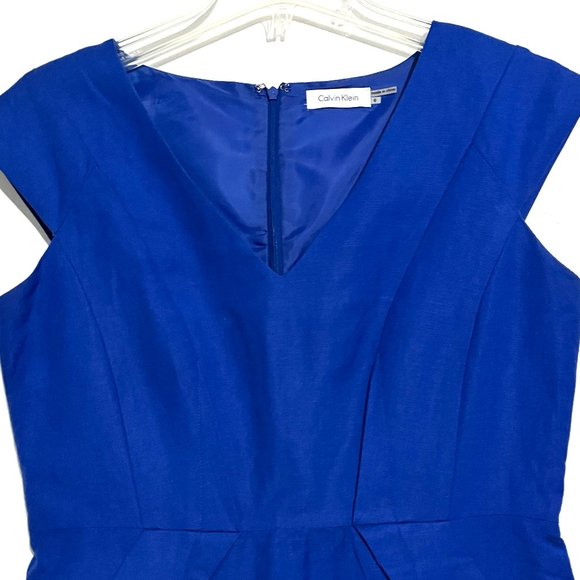 Classic Blue Linen-Blend Career Sheath Dress with Side Pockets - Picture 13 of 17